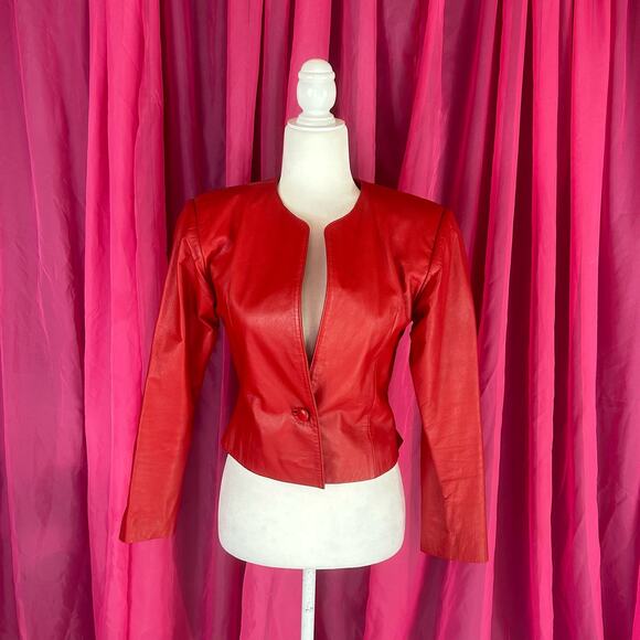 Vintage 80s Wilsons red fitted genuine leather jacket, small - Picture 1 of 8